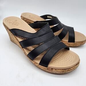 Crocs A-Leigh Cork Wedge Sandal Black Strappy Open Toe Comfort Size 10